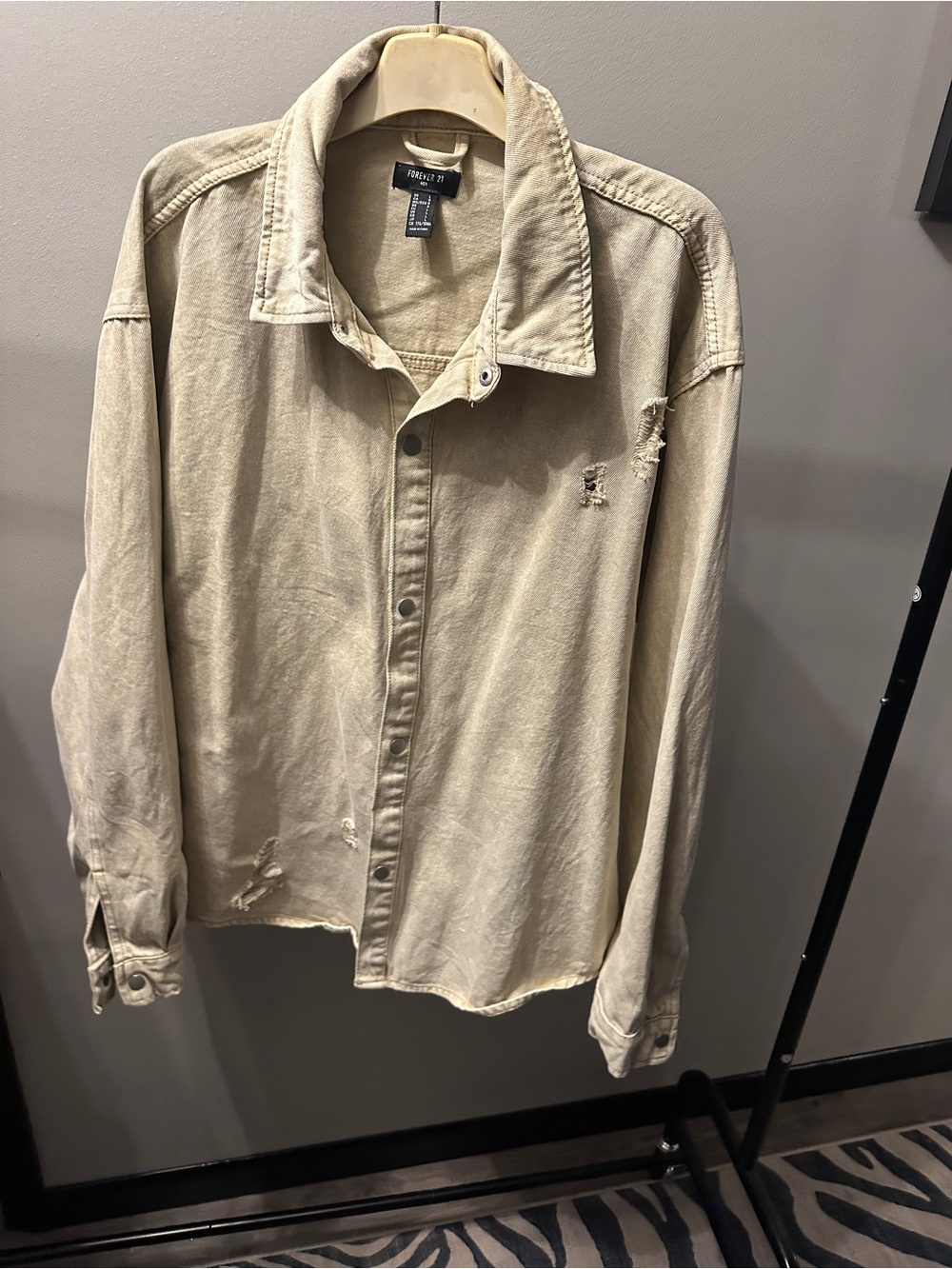 Forever 21 Beige Button-Down Distressed Casual Shirt